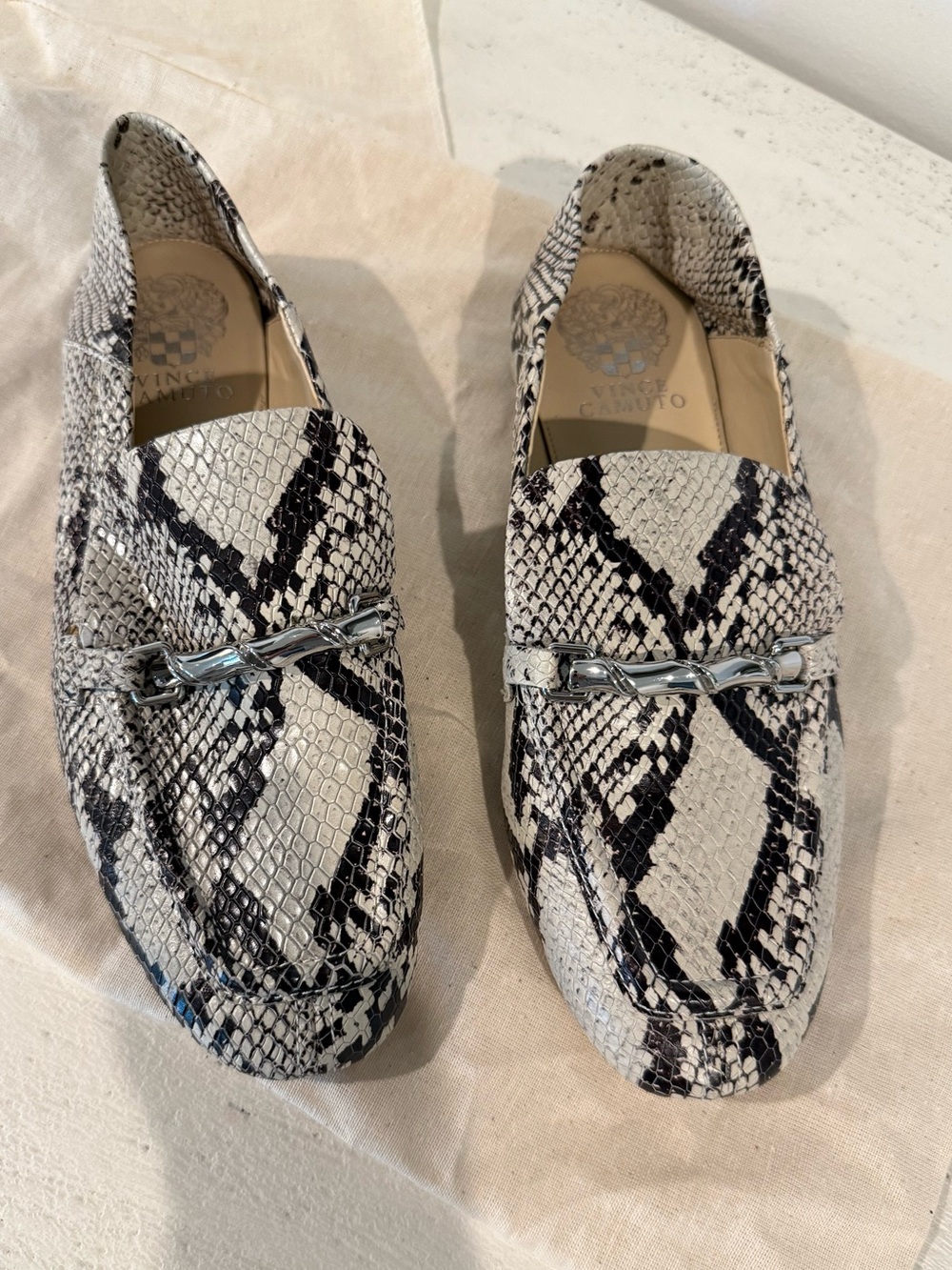 Vince Camuto Women's Black and White Snake-Print Loafers with Silver Chain